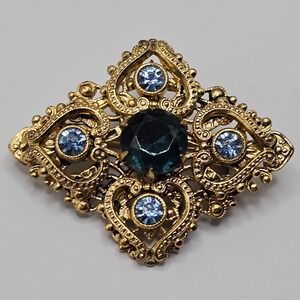 Vtg Filigree Brooch Gold Tone Blue Glass Statement Pin Rhinestones Sparkle Heart